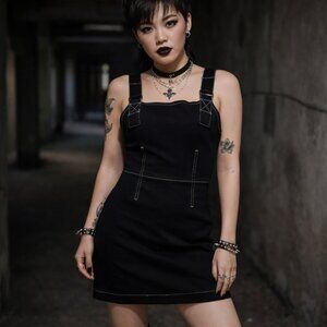 Small black halter mini dress w/ zipper close & white stitching.  NWOT